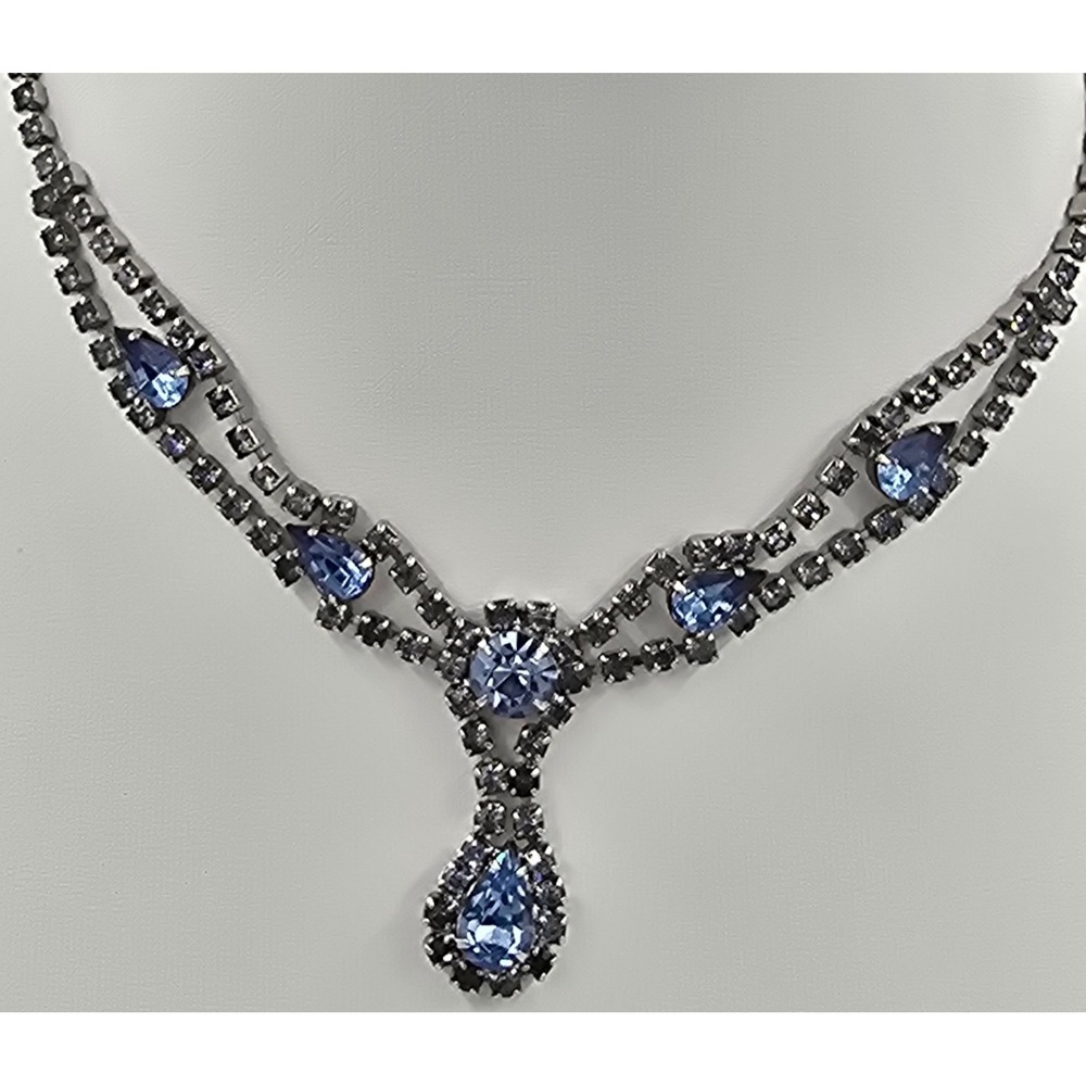 Vintage Light Blue Rhinestone Necklace Festoon Statement Silver Tone Adjustable